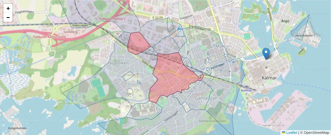 Karta över postnummerområdet  och angränsande postnummer i Sverige