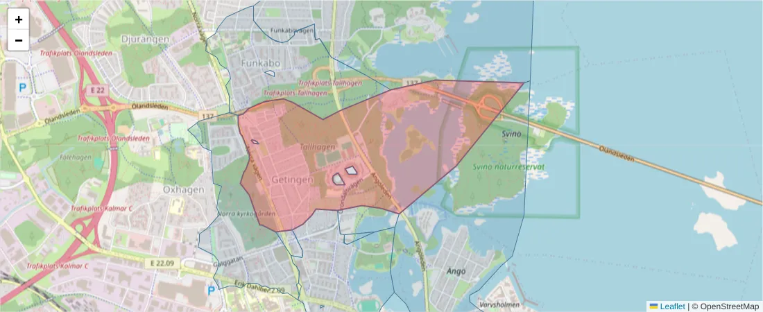 Karta över postnummerområdet  och angränsande postnummer i Sverige