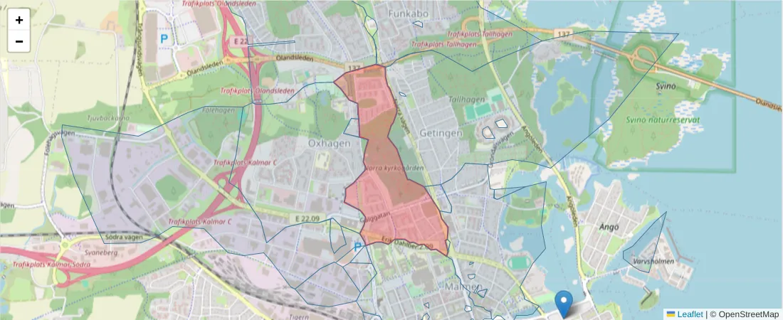 Karta över postnummerområdet  och angränsande postnummer i Sverige