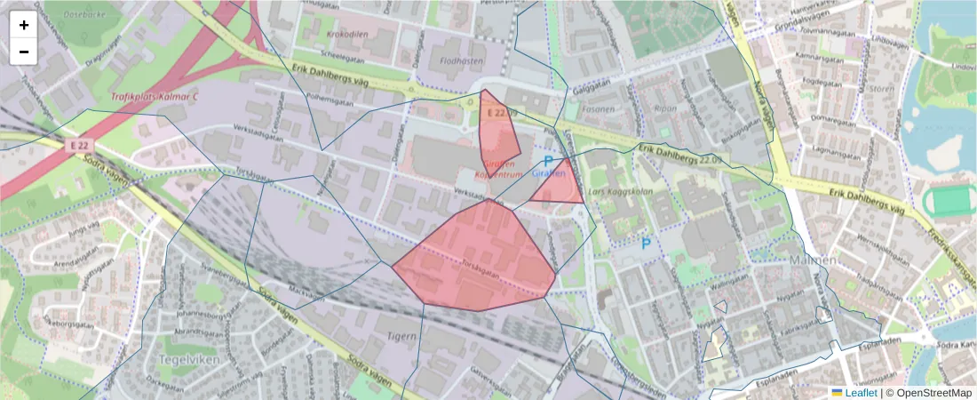 Karta över postnummerområdet  och angränsande postnummer i Sverige