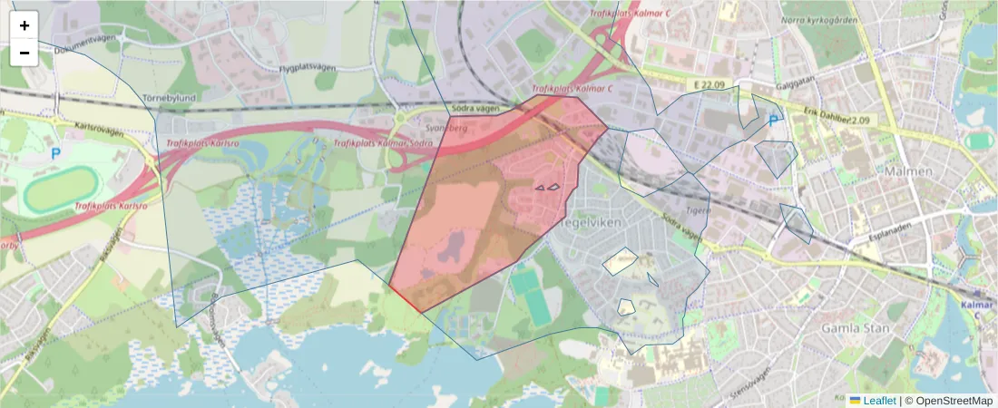 Karta över postnummerområdet  och angränsande postnummer i Sverige