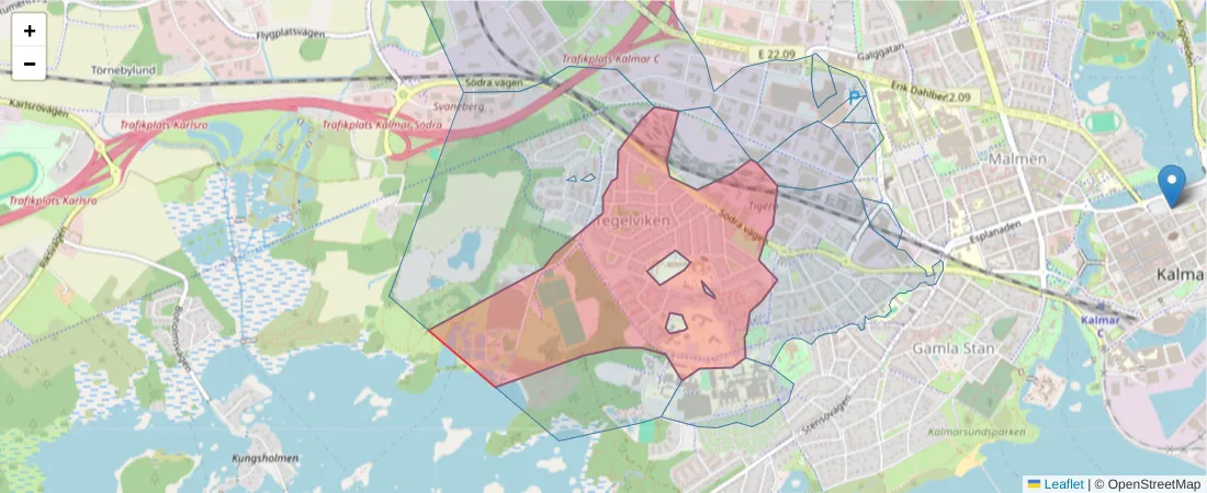 Karta över postnummerområdet  och angränsande postnummer i Sverige