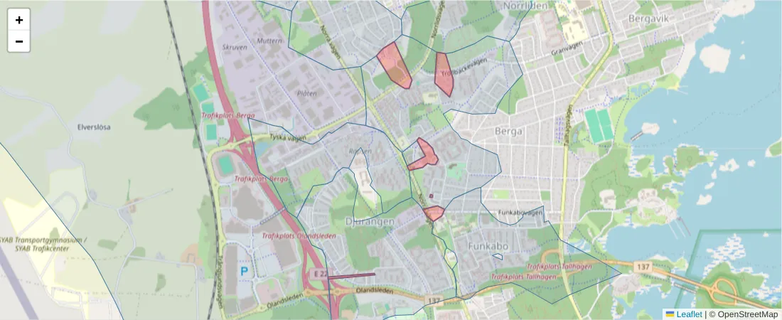 Karta över postnummerområdet  och angränsande postnummer i Sverige
