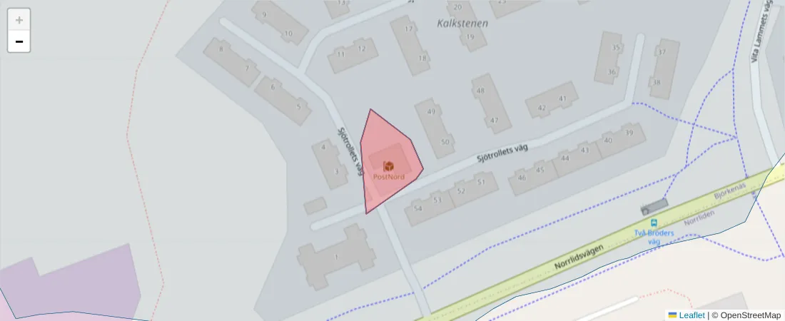 Karta över postnummerområdet  och angränsande postnummer i Sverige