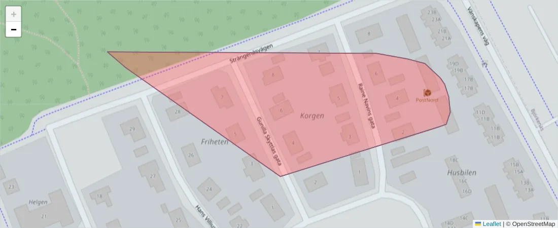Karta över postnummerområdet  och angränsande postnummer i Sverige
