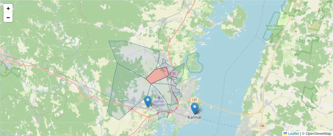 Karta över postnummerområdet  och angränsande postnummer i Sverige