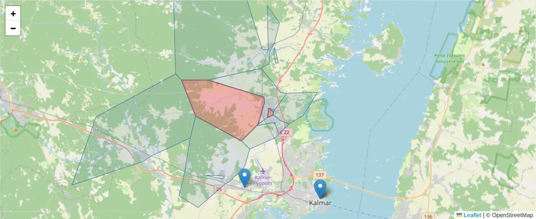 Karta över postnummerområdet  och angränsande postnummer i Sverige