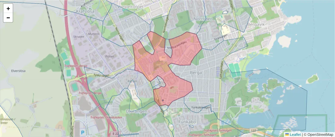 Karta över postnummerområdet  och angränsande postnummer i Sverige