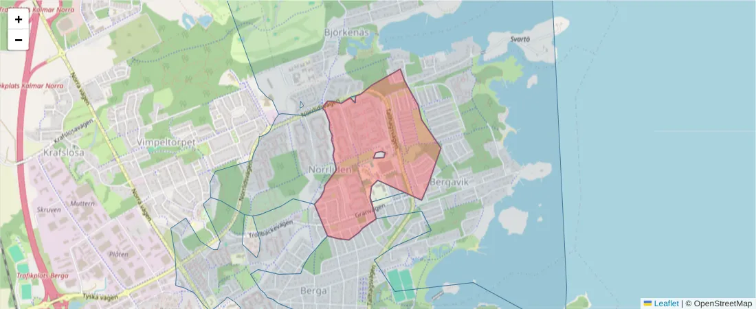 Karta över postnummerområdet  och angränsande postnummer i Sverige