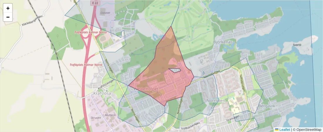 Karta över postnummerområdet  och angränsande postnummer i Sverige