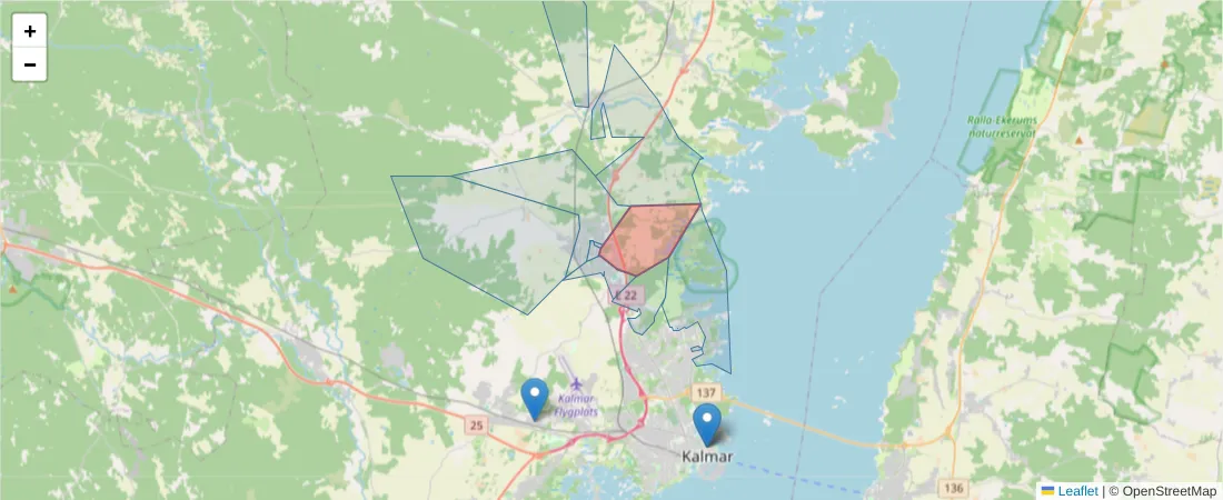 Karta över postnummerområdet  och angränsande postnummer i Sverige