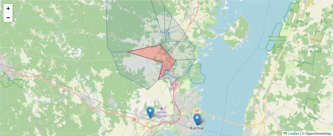 Karta över postnummerområdet  och angränsande postnummer i Sverige