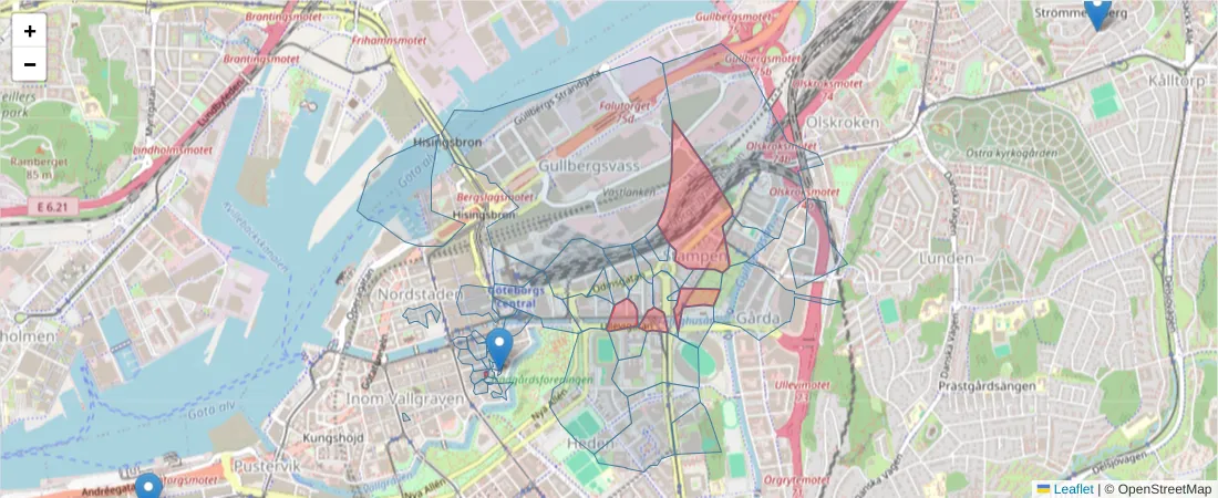Karta över postnummerområdet  och angränsande postnummer i Sverige