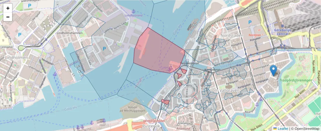 Karta över postnummerområdet  och angränsande postnummer i Sverige