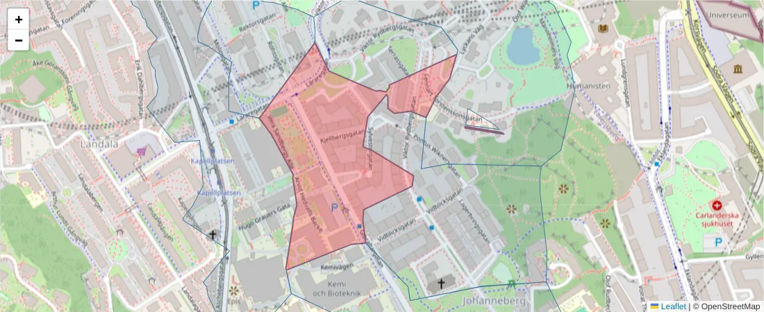 Karta över postnummerområdet  och angränsande postnummer i Sverige