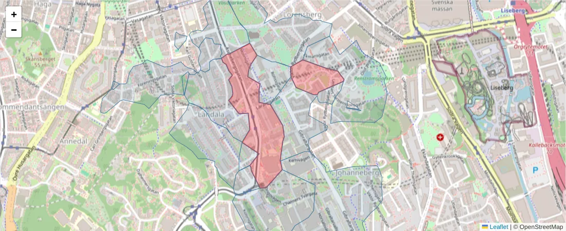 Karta över postnummerområdet  och angränsande postnummer i Sverige