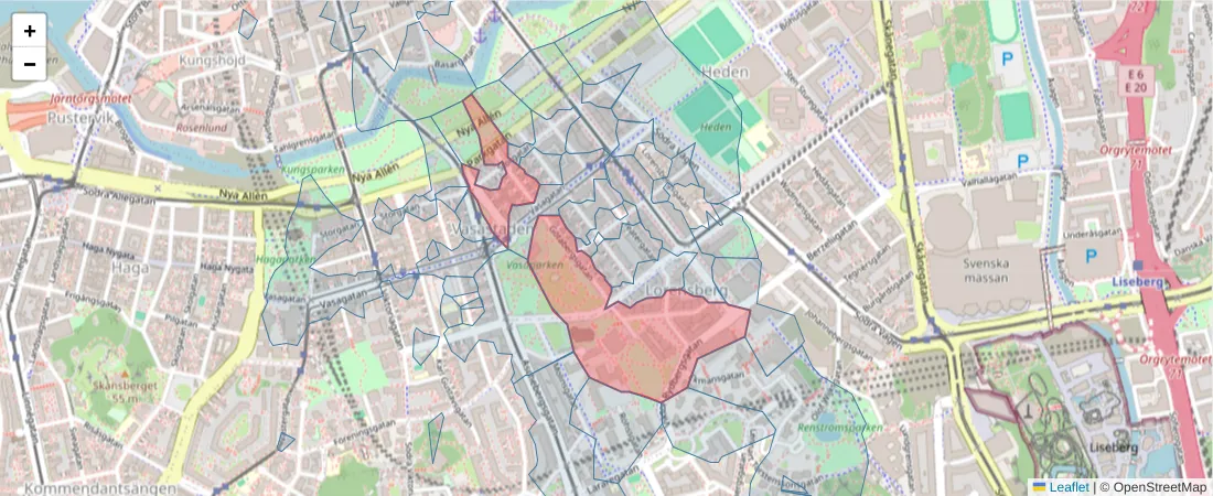 Karta över postnummerområdet  och angränsande postnummer i Sverige
