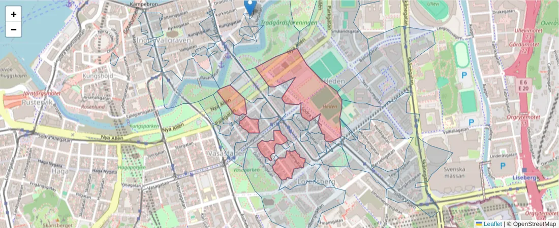 Karta över postnummerområdet  och angränsande postnummer i Sverige