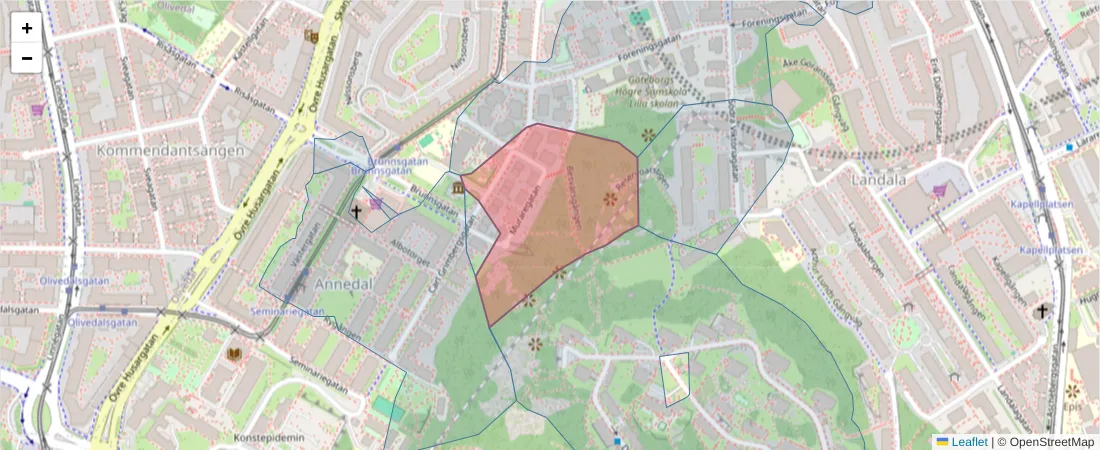 Karta över postnummerområdet  och angränsande postnummer i Sverige