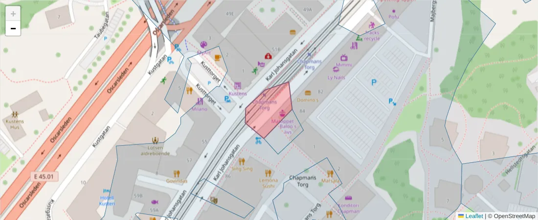 Karta över postnummerområdet  och angränsande postnummer i Sverige