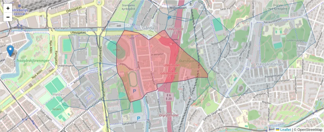 Karta över postnummerområdet  och angränsande postnummer i Sverige