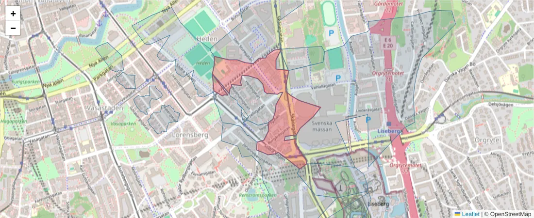 Karta över postnummerområdet  och angränsande postnummer i Sverige