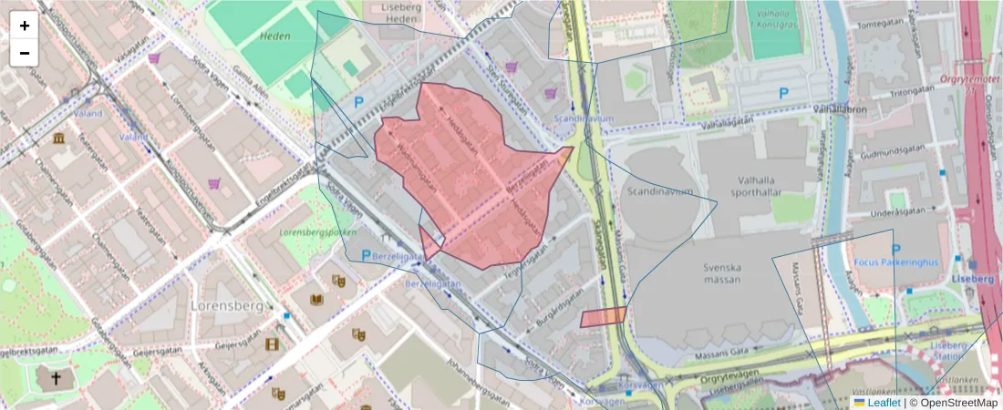 Karta över postnummerområdet  och angränsande postnummer i Sverige