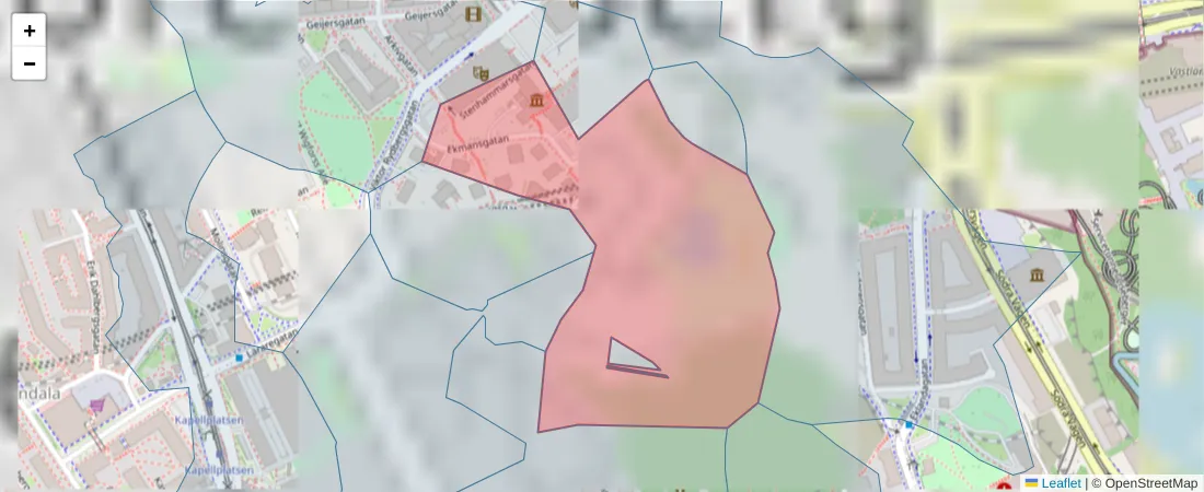 Karta över postnummerområdet  och angränsande postnummer i Sverige