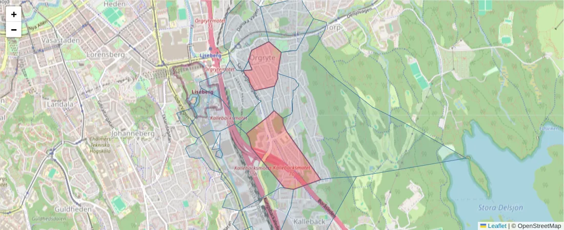 Karta över postnummerområdet  och angränsande postnummer i Sverige