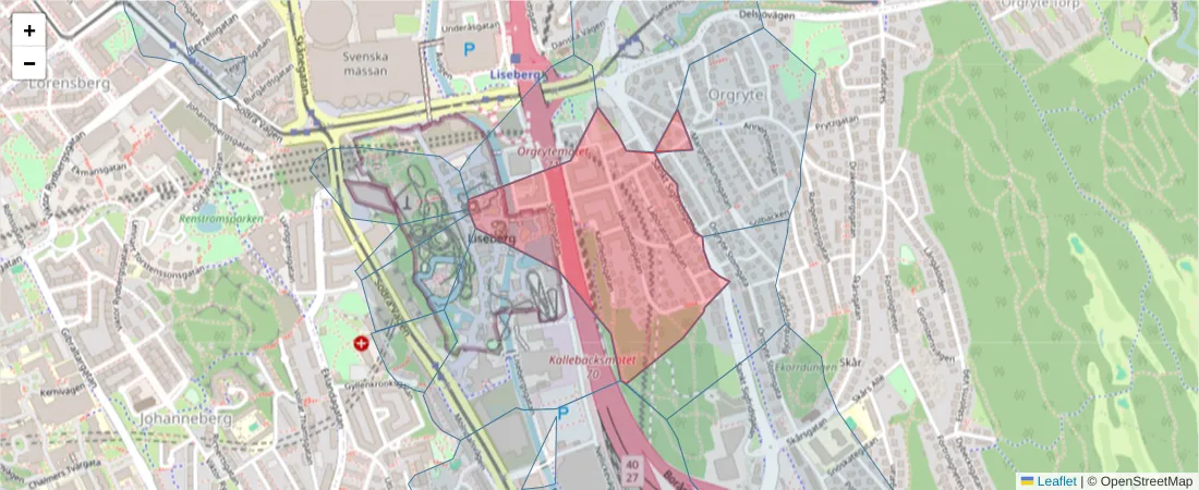 Karta över postnummerområdet  och angränsande postnummer i Sverige