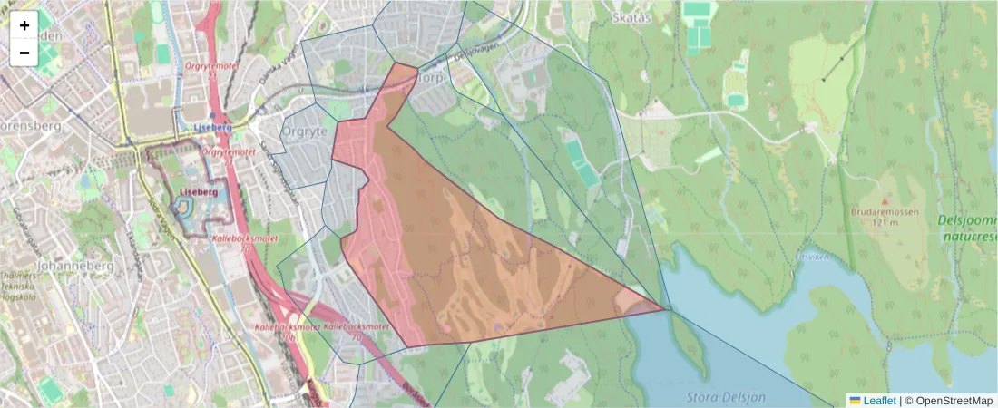 Karta över postnummerområdet  och angränsande postnummer i Sverige