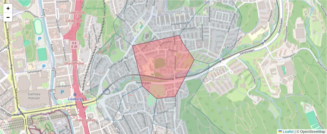 Karta över postnummerområdet  och angränsande postnummer i Sverige