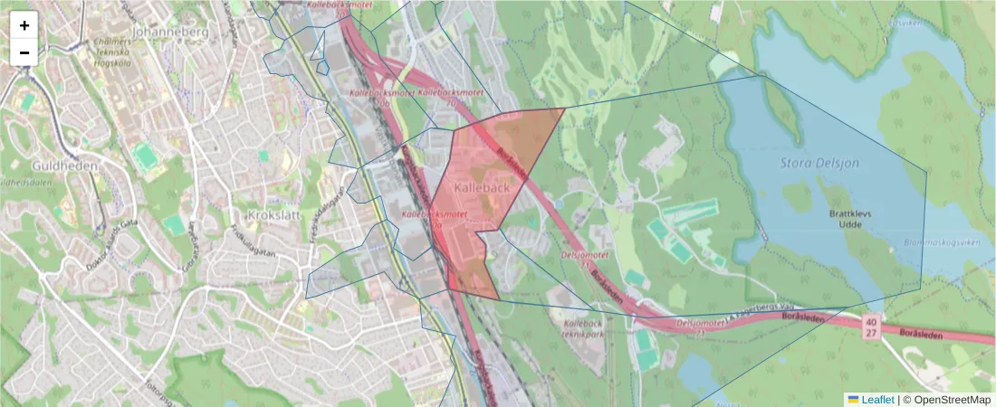Karta över postnummerområdet  och angränsande postnummer i Sverige