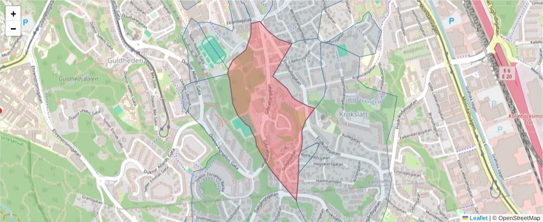 Karta över postnummerområdet  och angränsande postnummer i Sverige