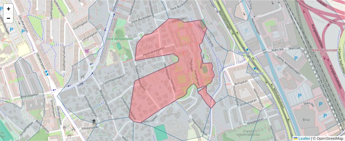 Karta över postnummerområdet  och angränsande postnummer i Sverige