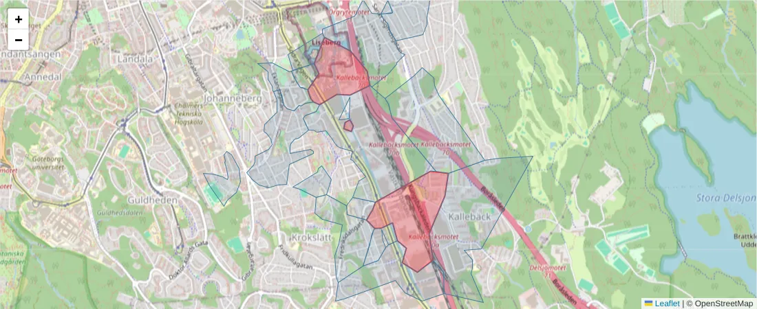 Karta över postnummerområdet  och angränsande postnummer i Sverige
