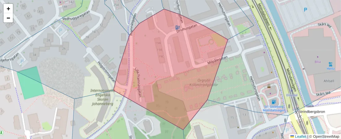 Karta över postnummerområdet  och angränsande postnummer i Sverige