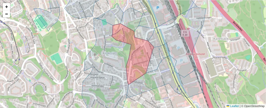 Karta över postnummerområdet  och angränsande postnummer i Sverige