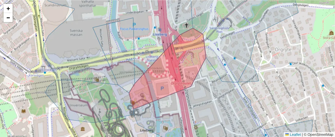 Karta över postnummerområdet  och angränsande postnummer i Sverige