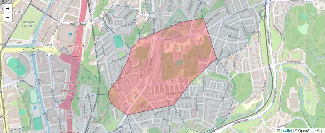 Karta över postnummerområdet  och angränsande postnummer i Sverige