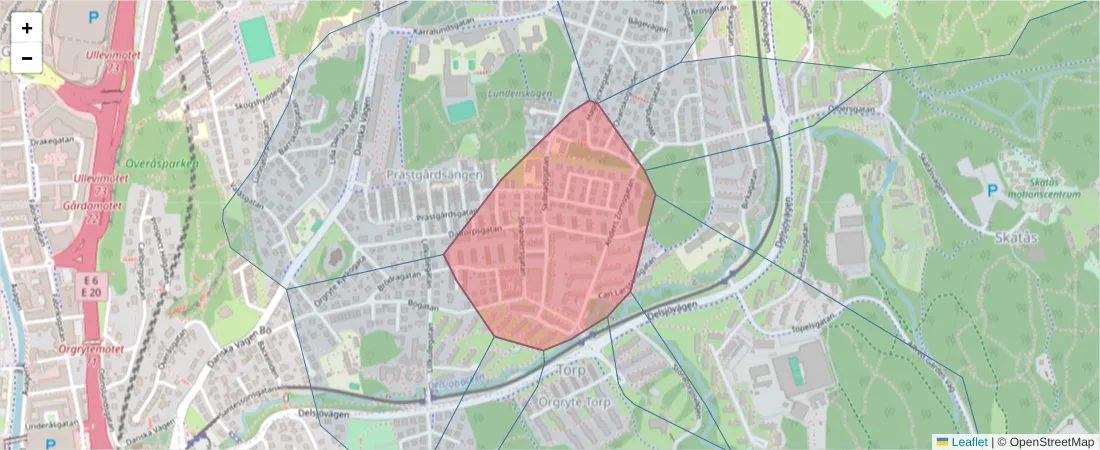 Karta över postnummerområdet  och angränsande postnummer i Sverige
