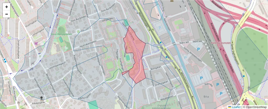 Karta över postnummerområdet  och angränsande postnummer i Sverige