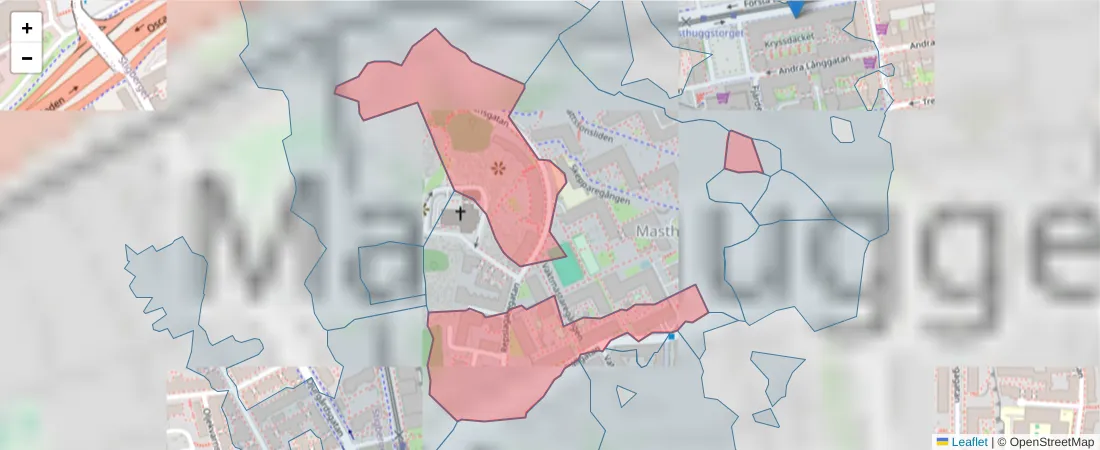 Karta över postnummerområdet  och angränsande postnummer i Sverige