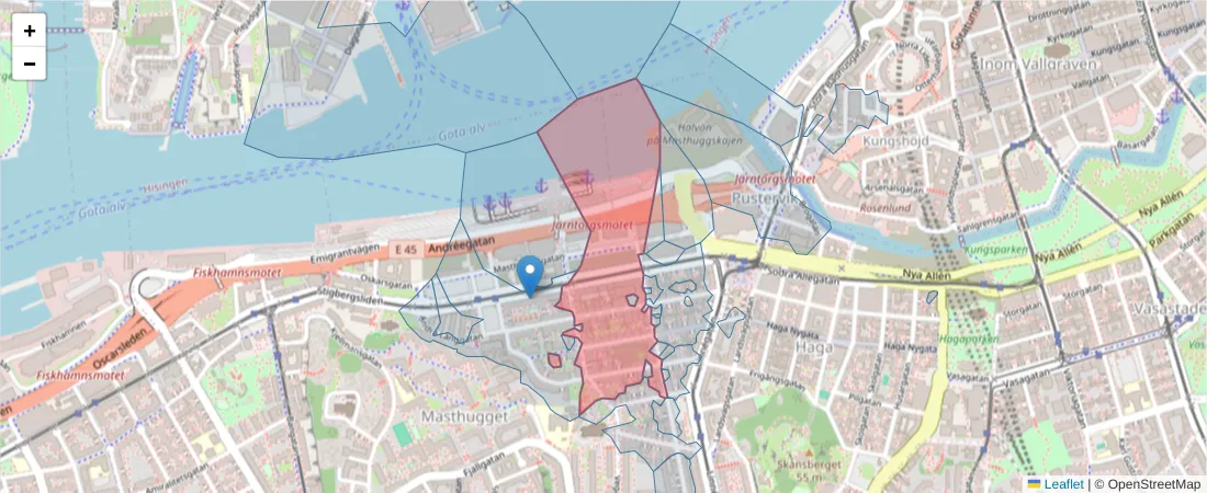 Karta över postnummerområdet  och angränsande postnummer i Sverige