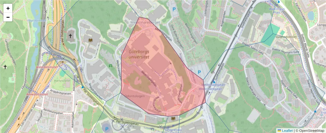 Karta över postnummerområdet  och angränsande postnummer i Sverige