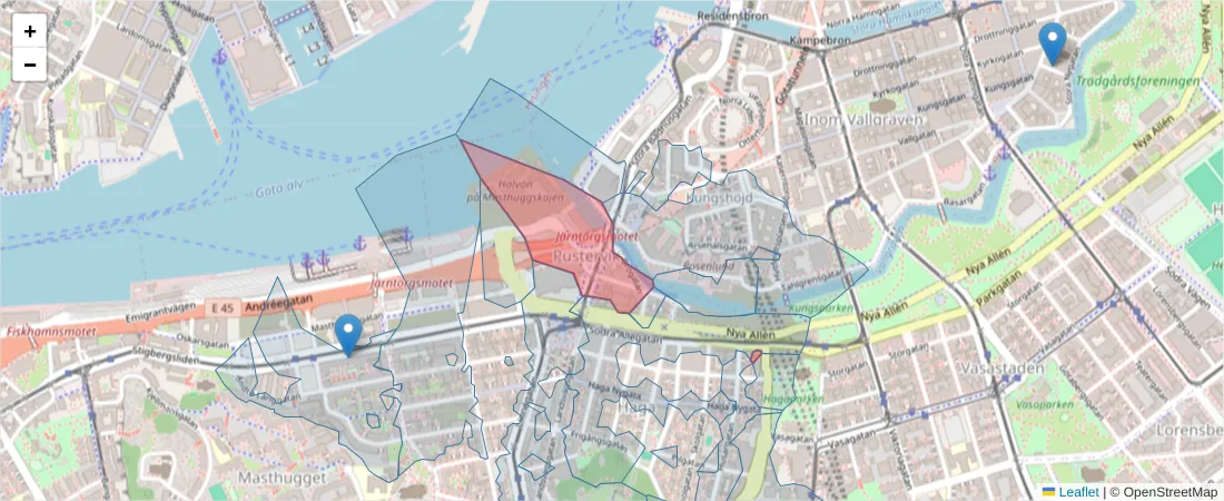 Karta över postnummerområdet  och angränsande postnummer i Sverige