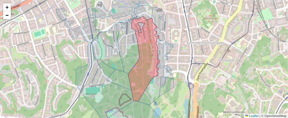 Karta över postnummerområdet  och angränsande postnummer i Sverige