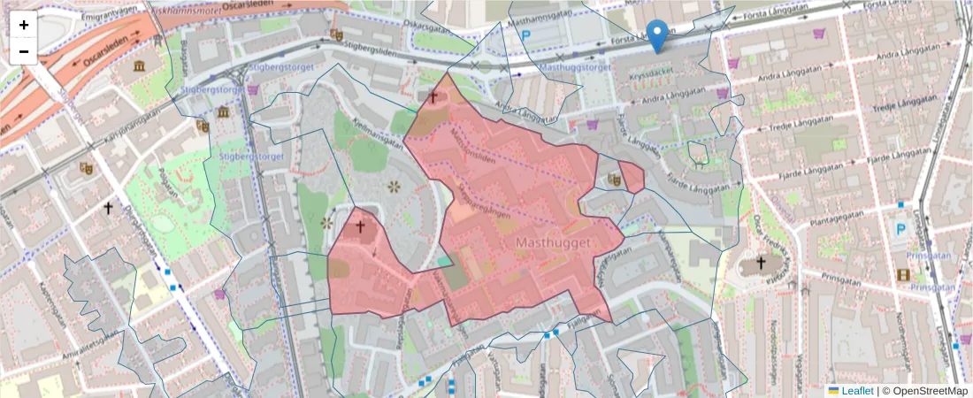 Karta över postnummerområdet  och angränsande postnummer i Sverige