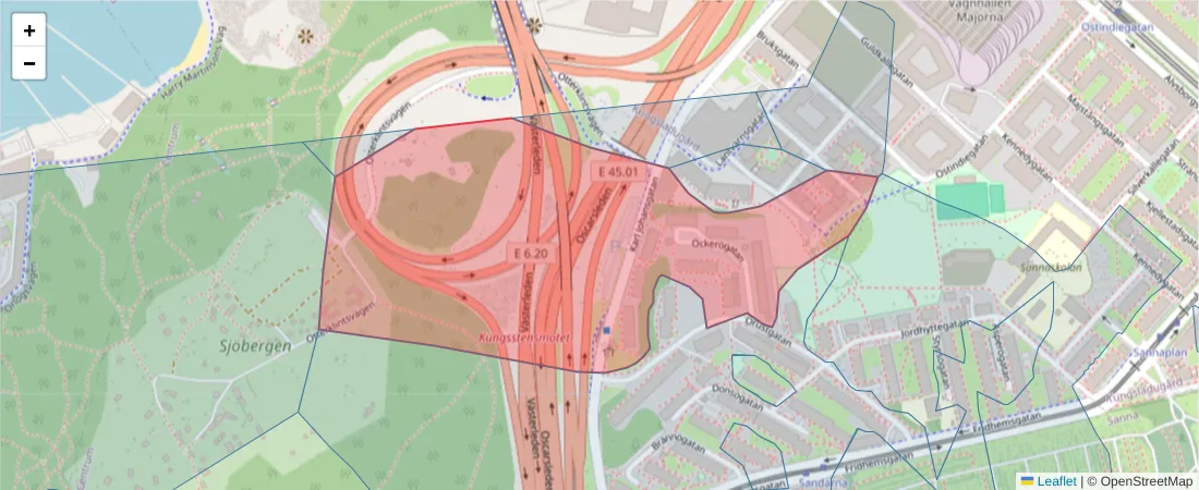 Karta över postnummerområdet  och angränsande postnummer i Sverige