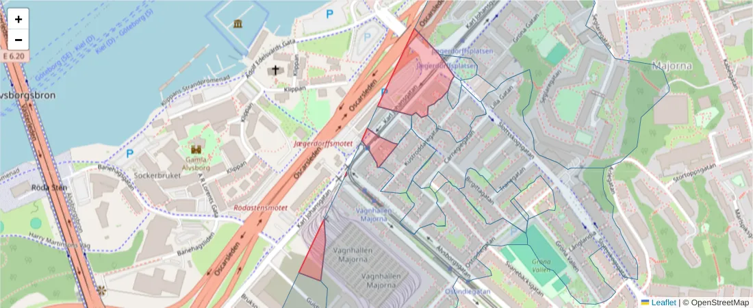 Karta över postnummerområdet  och angränsande postnummer i Sverige